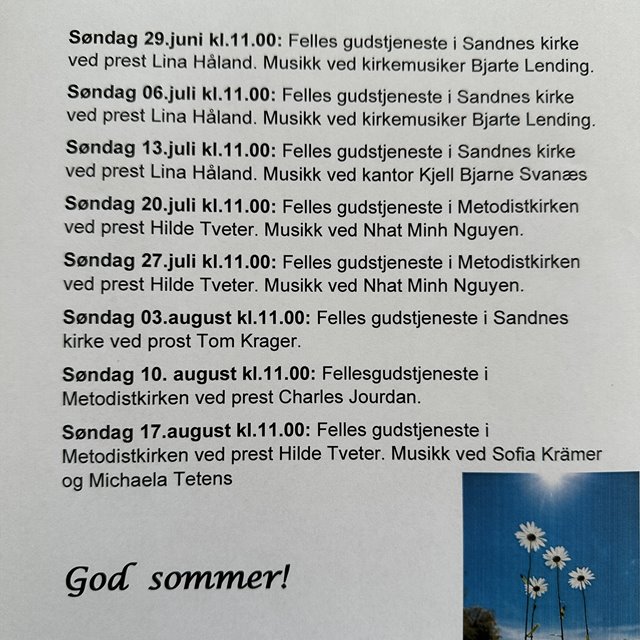 Felles sommergudstjeneste med Sandnes kirke
