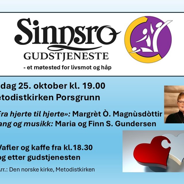 Sinnsrogudstjeneste søndag 25. oktober kl. 19.00 