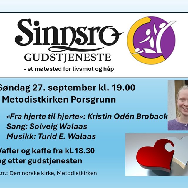 Sinnsrogudstjeneste søndag 27. september kl. 19.00 